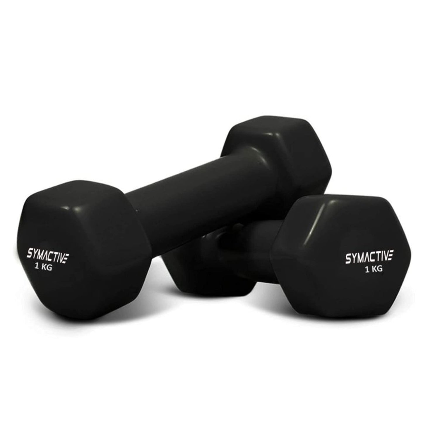 Amazon Brand - Symactive Vinyl Coated Fixed Dumbbell for Gym Exercises, Set of 2, 1 kg , Black