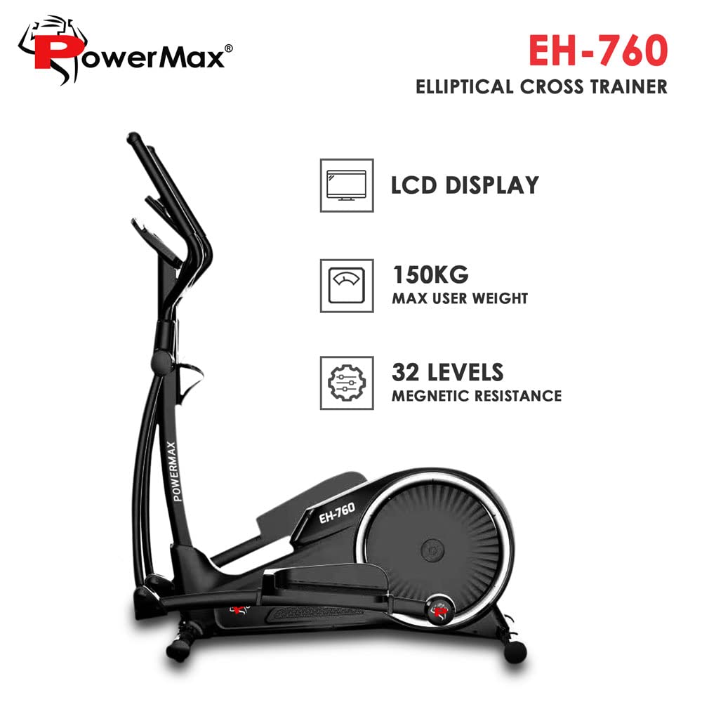 PowerMax Fitness EH-760 Elliptical Cross Trainer with Water Bottle Cage, Preset Programs, Motorized Magnetic Brake System and LCD Display, Home Gym Workout Machine for Cardio Training, Black