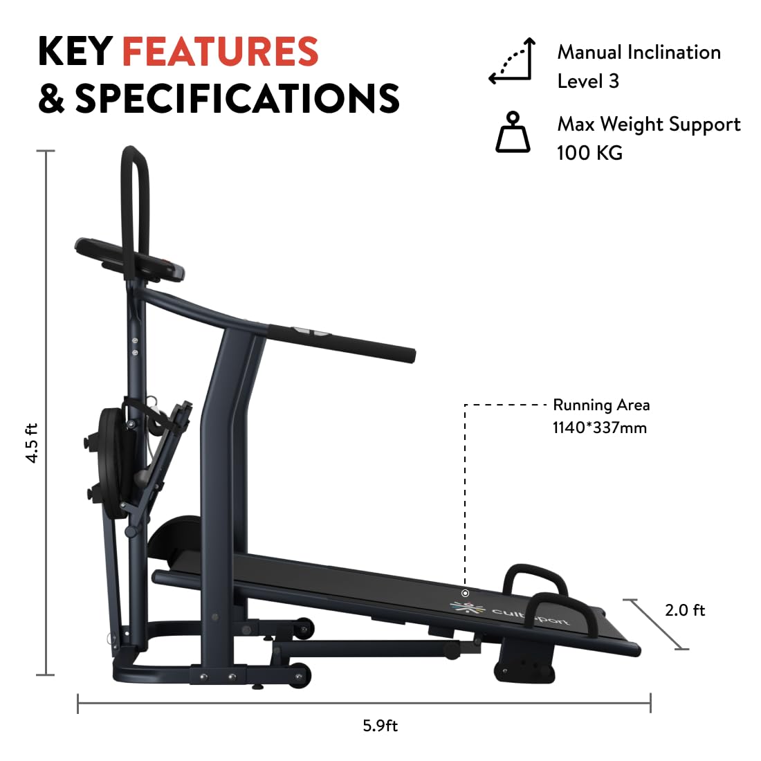 Fitkit by Cult FT801 4 in 1 Manual Multifunction Non Electric Treadmill with (Jogger, Stepper, Twister, Pushup Bar), 3 Level Inclination for Home Gym Fitness with 6 Months Warranty