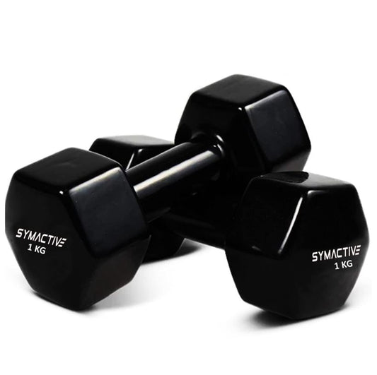 Amazon Brand - Symactive Vinyl Coated Fixed Dumbbell for Gym Exercises, Set of 2, 1 kg , Black