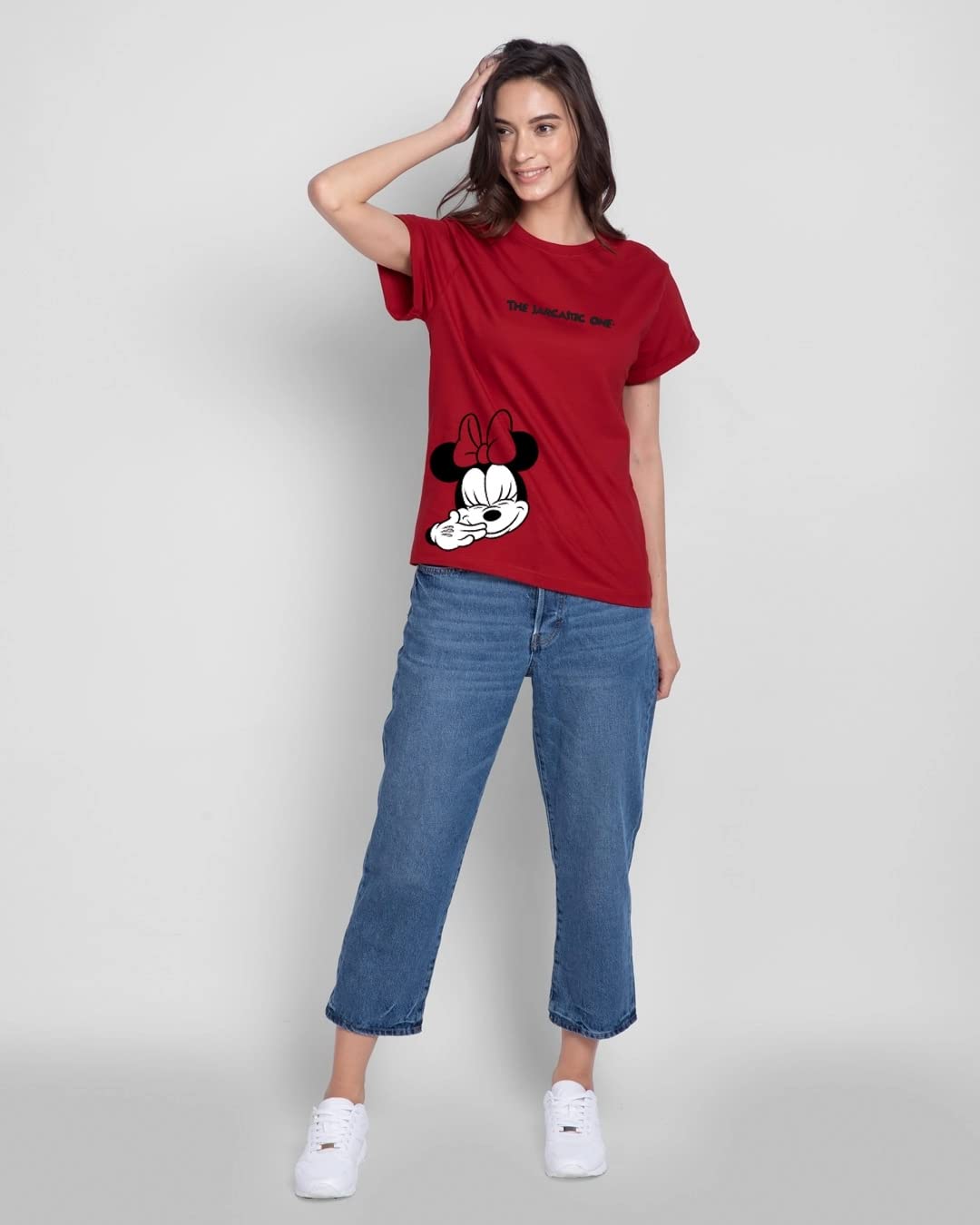 Bewakoof Official Disney Merchandise Women's Graphic Print Boyfriend Fit Half Sleeve Round Neck Cotton Regular Fit T-Shirt,Large, Red