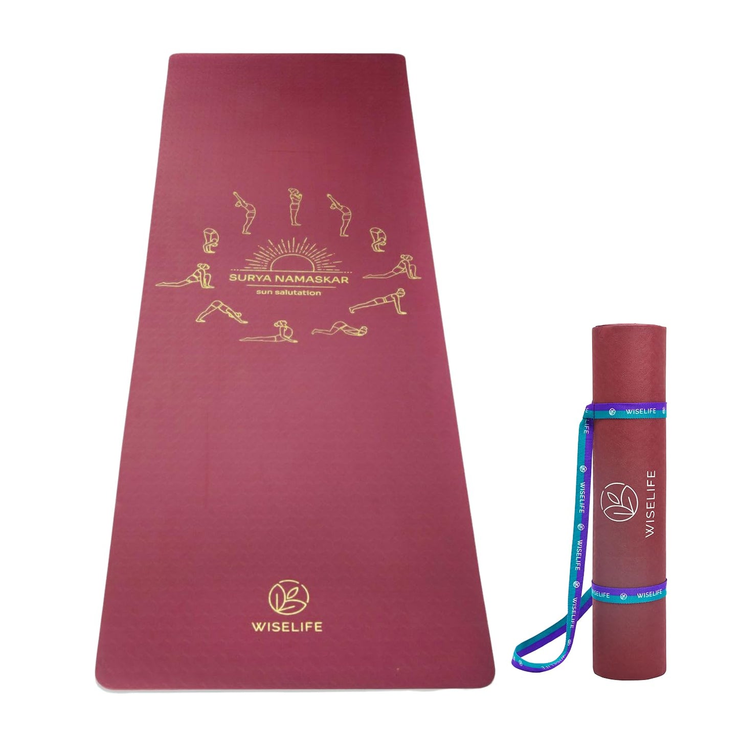 WiseLife Printed 6MM Yoga Mat + Yoga Strap For Men, Women, Kids | Anti-Slip Extra thick, long & Wide Exercise Sports Mat for Workout, Fitness, Yoga, Gym, Home & Pilates (Wine Surya Namaskar)