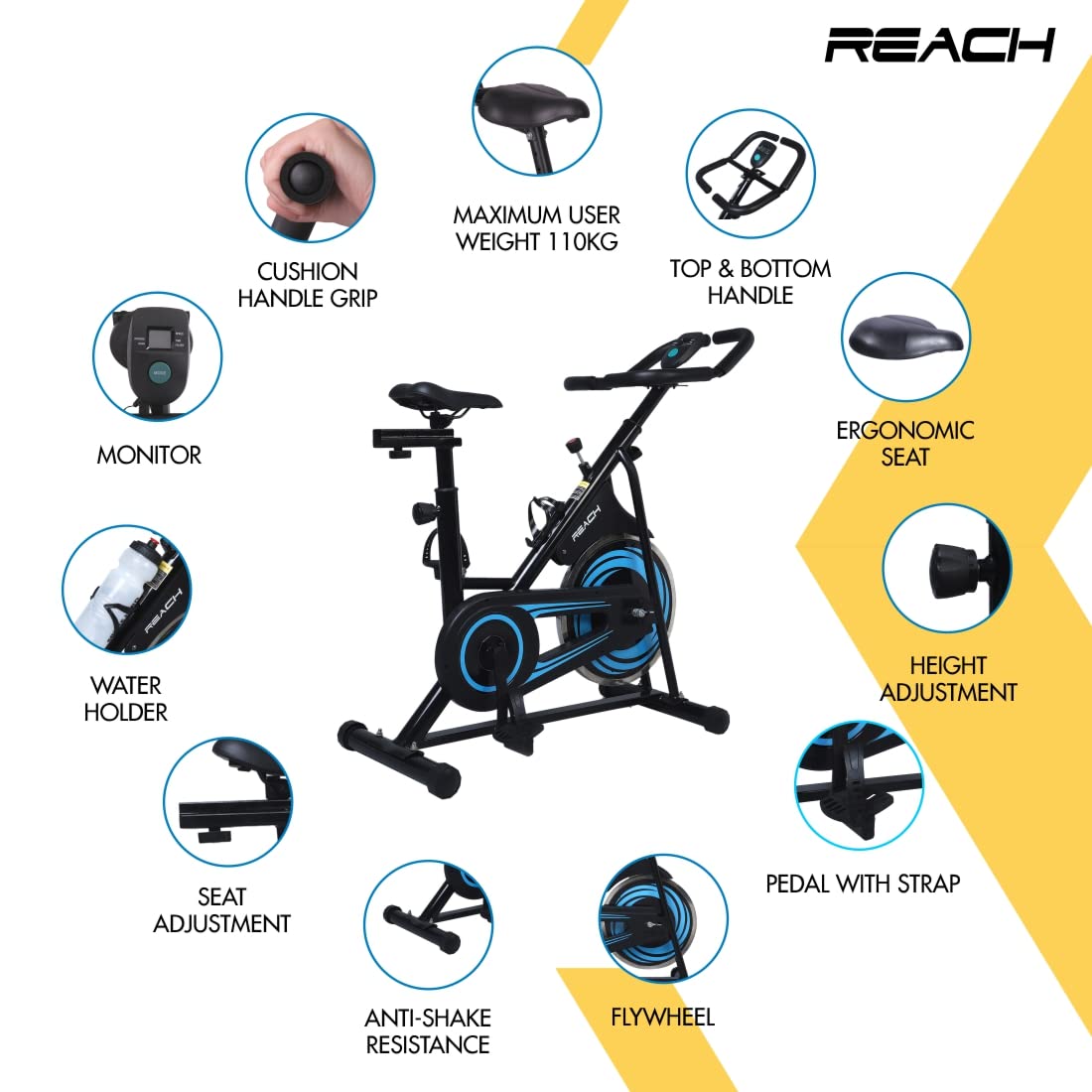 Reach Vision MII Spin Bike with 6.5 Kg Flywheel | Adjustable Resistance & LCD Monitor | Fitness Cycle for Home Gym Workout | Ideal for Tummy & Lower Body | Max User Weight 110kg