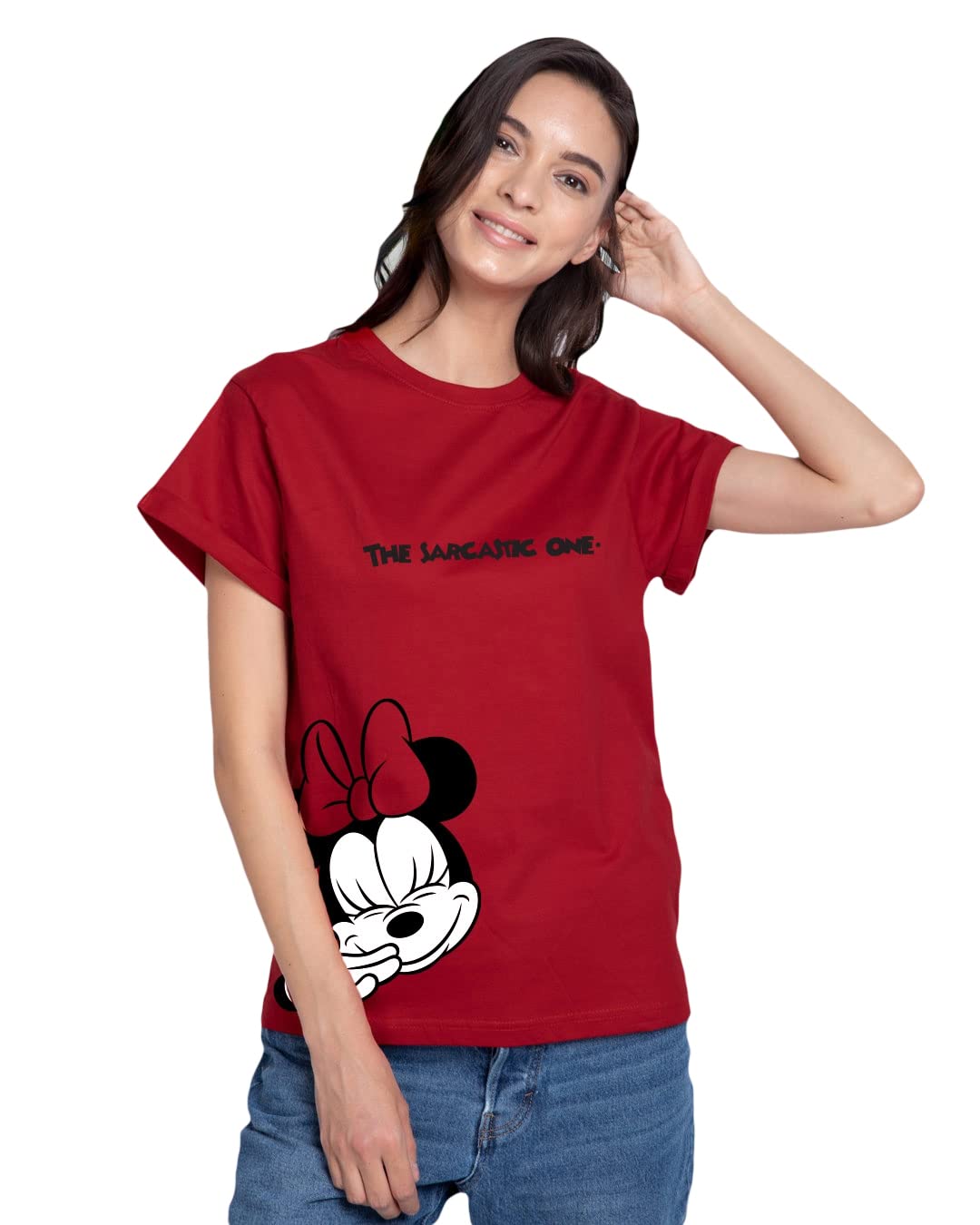 Bewakoof Official Disney Merchandise Women's Graphic Print Boyfriend Fit Half Sleeve Round Neck Cotton Regular Fit T-Shirt,Large, Red