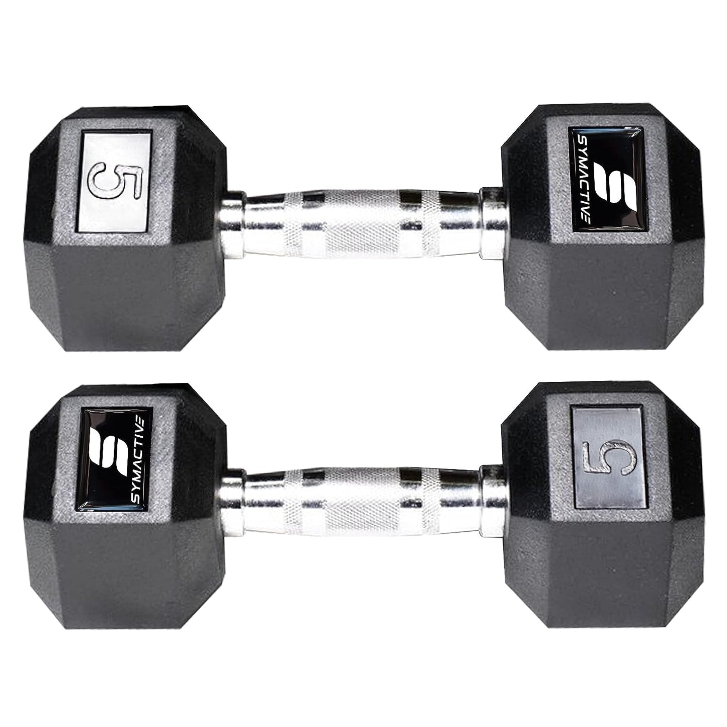 Amazon Brand - Symactive Rubber Coated Hex Fixed Dumbbells, Set of 2, 5 Kg, Black