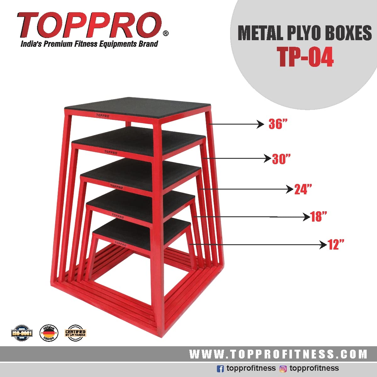 TOPPRO Fitness Metal PLYO Box 12" TP-PB-0412 | Fitness PLYO Box | PLYO Table for Jumping Exercise | PLYO Box for Home Gym Workout | German Designed | Taiwan Certified