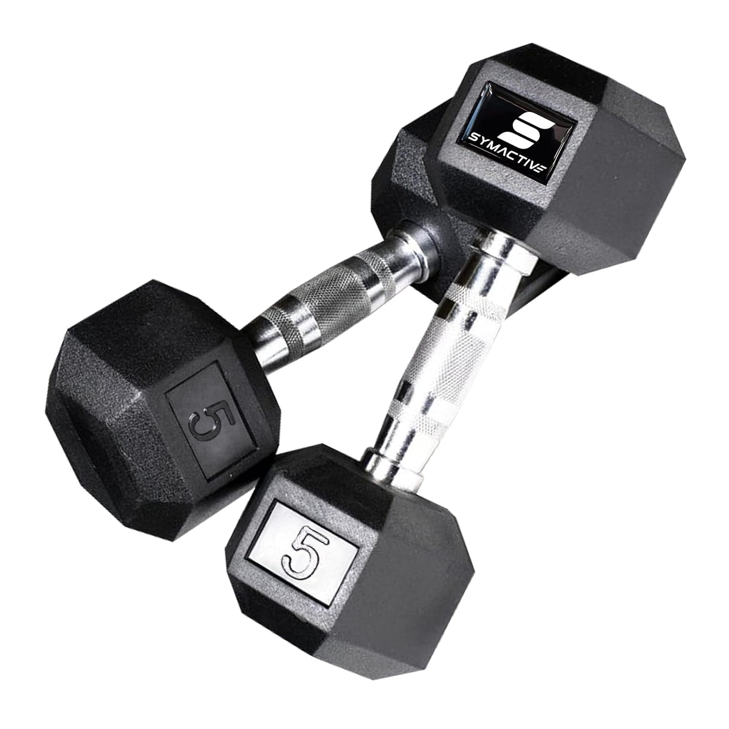 Amazon Brand - Symactive Rubber Coated Hex Fixed Dumbbells, Set of 2, 5 Kg, Black