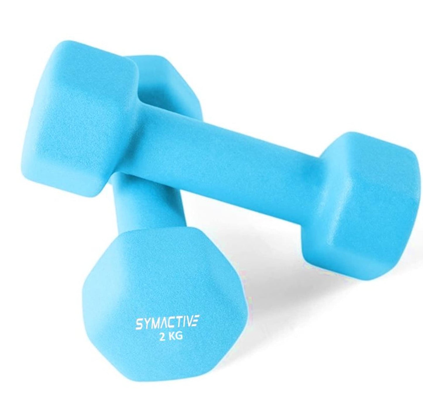 Amazon Brand - Symactive Neoprene Coated Fixed Dumbbell for Gym Exercises, Set of 2, 2 Kg, Light Blue