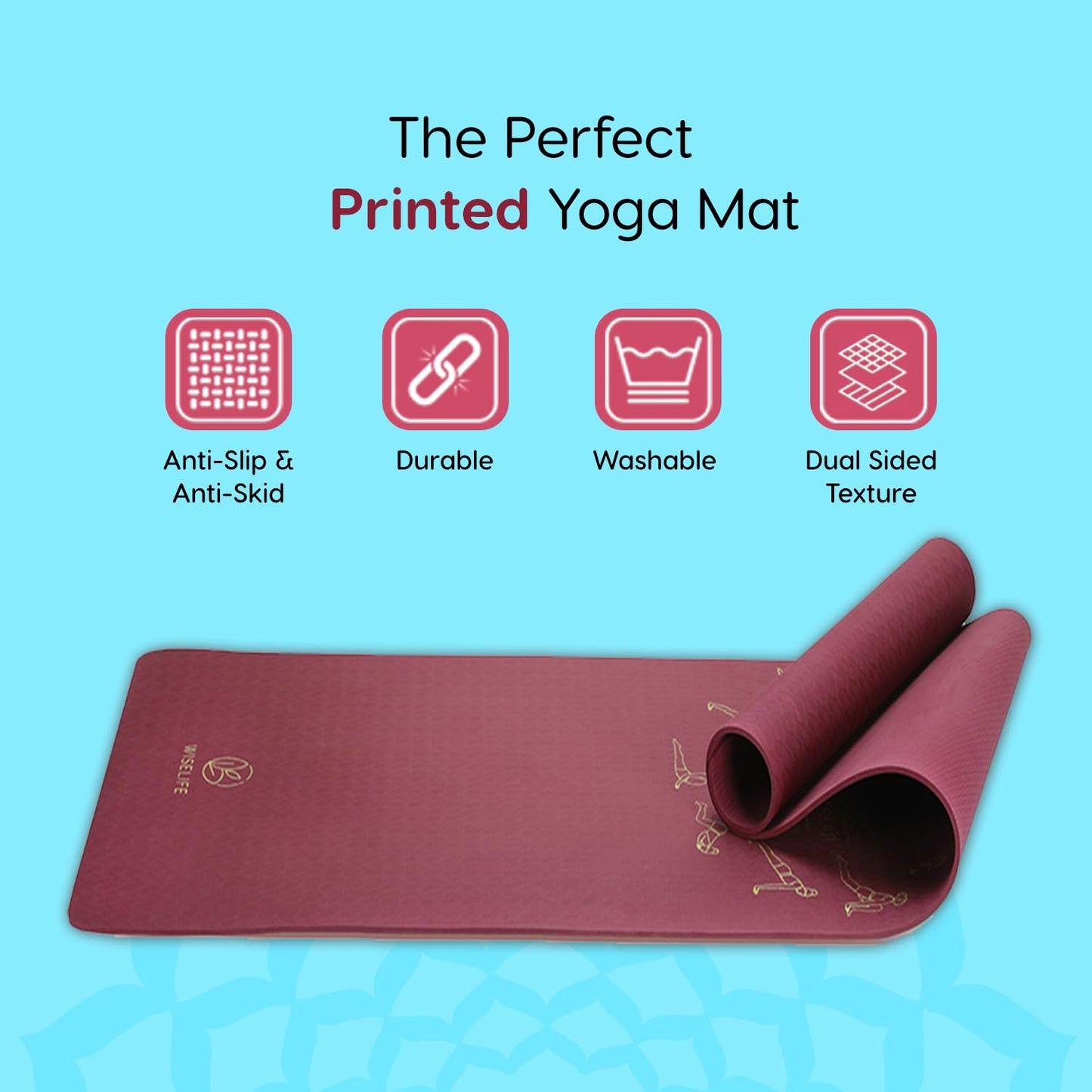 WiseLife Printed 6MM Yoga Mat + Yoga Strap For Men, Women, Kids | Anti-Slip Extra thick, long & Wide Exercise Sports Mat for Workout, Fitness, Yoga, Gym, Home & Pilates (Wine Surya Namaskar)