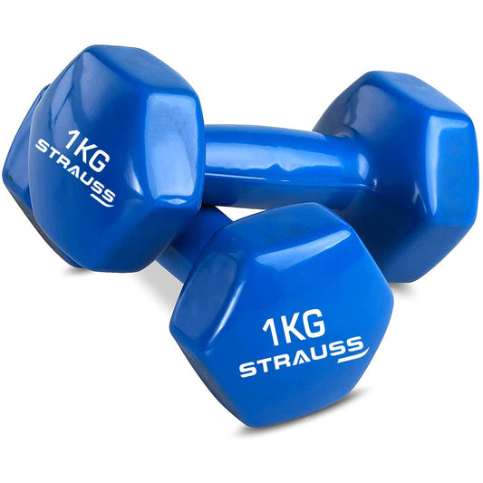 Strauss Vinyl Dumbbell Set for Men & Women |Ideal Home & Gym Workout |Non-Slip Grip, Compact & Portable | Fitness Gym Equipment for Strength Training, Bodybuilding, & Aerobics|1Kg Each, 2Kg Pair, Blue