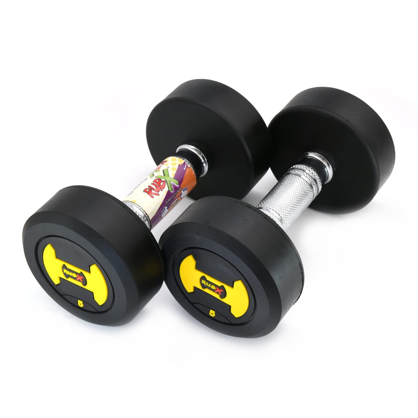 RUBX Rubber Coated Professional Round Dumbbells (Sold in Pair) (5 Kg x 2pc (Total = 10 kg)) YELLOW