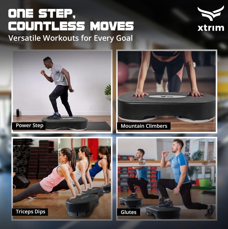 XTRIM Aerobic Stepper for Exercise at Home, Support 250kg, Exercise Equipment for Home, Cardio Equipments for Home, 2 Height Adjustment, Anti-Skid Rubber Pads & Slip-Resistant Platform (Black & Grey)