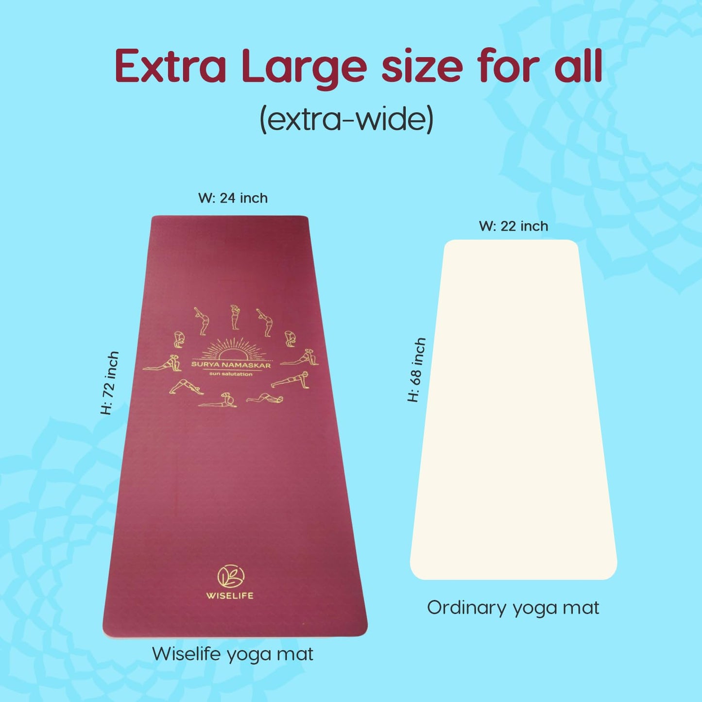 WiseLife Printed 6MM Yoga Mat + Yoga Strap For Men, Women, Kids | Anti-Slip Extra thick, long & Wide Exercise Sports Mat for Workout, Fitness, Yoga, Gym, Home & Pilates (Wine Surya Namaskar)