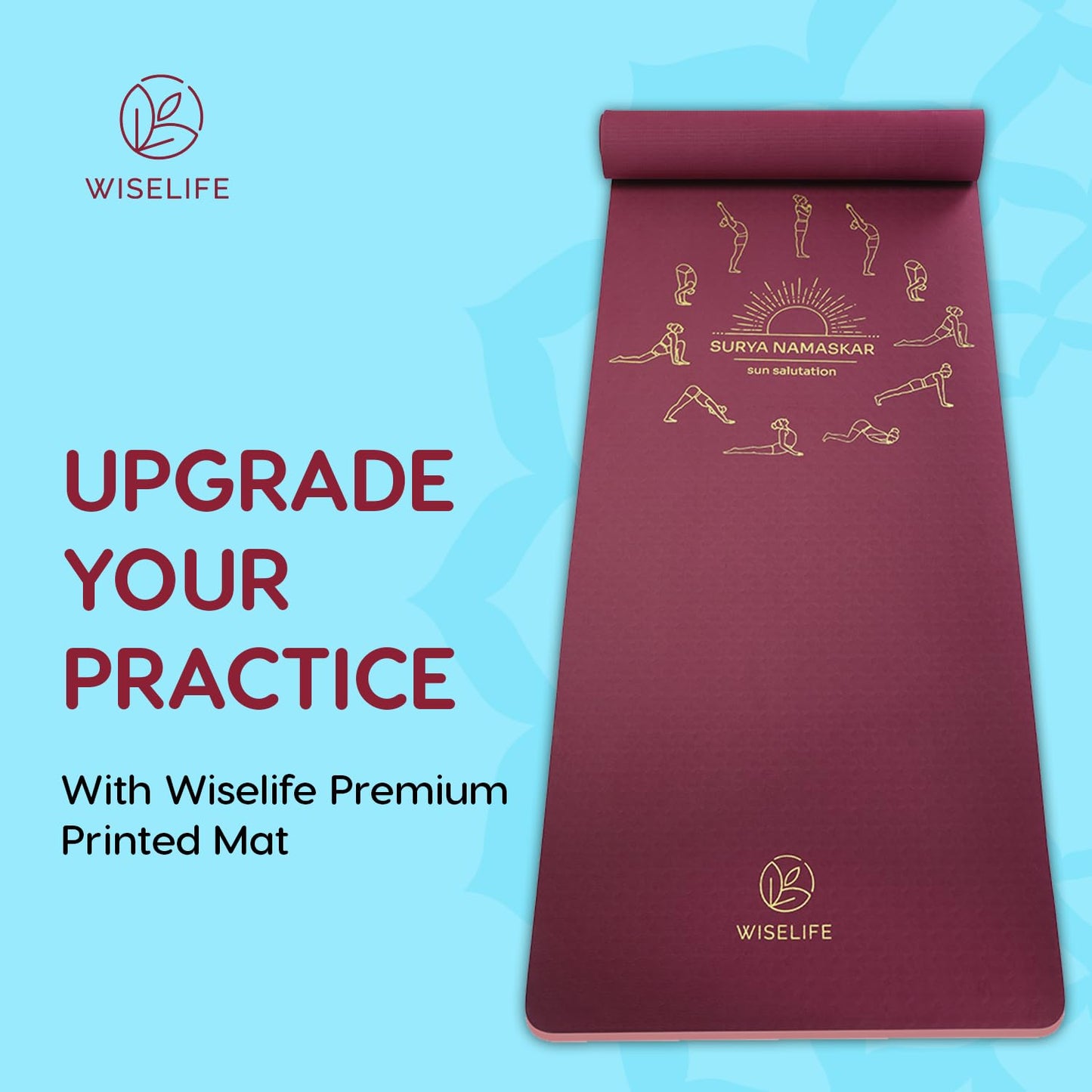 WiseLife Printed 6MM Yoga Mat + Yoga Strap For Men, Women, Kids | Anti-Slip Extra thick, long & Wide Exercise Sports Mat for Workout, Fitness, Yoga, Gym, Home & Pilates (Wine Surya Namaskar)