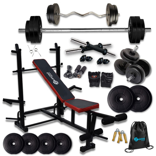 HASHTAG FITNESS 60Kg Gym Equipment Set For Home With 8In1 Gym Bench Press For Home Workout & Fitness Equipment For Men (50Kg, Incline, Decline, Flat), Black