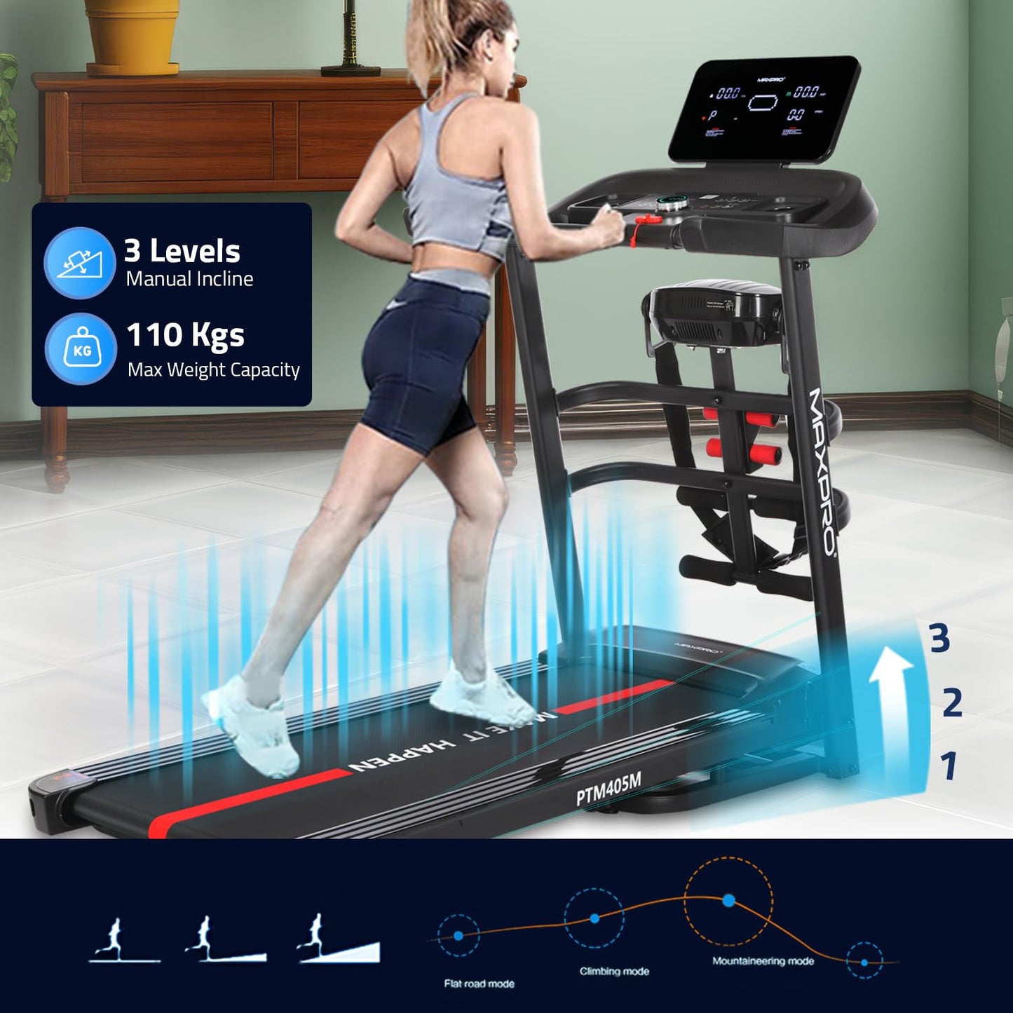 MAXPRO PTM405M 4.5 HP Peak DC Motor Multifunction Folding Treadmill with Massager,Free Diet Plan,Max.Speed 14km/hr,Max. User Weight 110kgs,Fit Show App Support,Running Machine LED Display for Home use