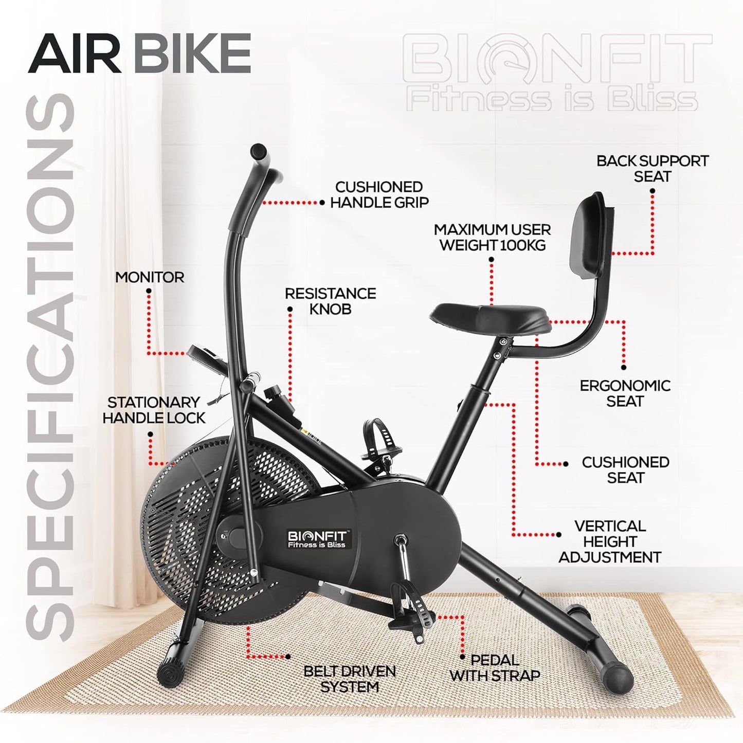 BIONFIT® Moving Handle Exercise Bike for Home Gym |Air Bike with Back Support Seat | 2-Year Warranty | Upright Gym Cycle for Weight Loss & Cardio | Max User Weight: 120 Kg | Installation Support