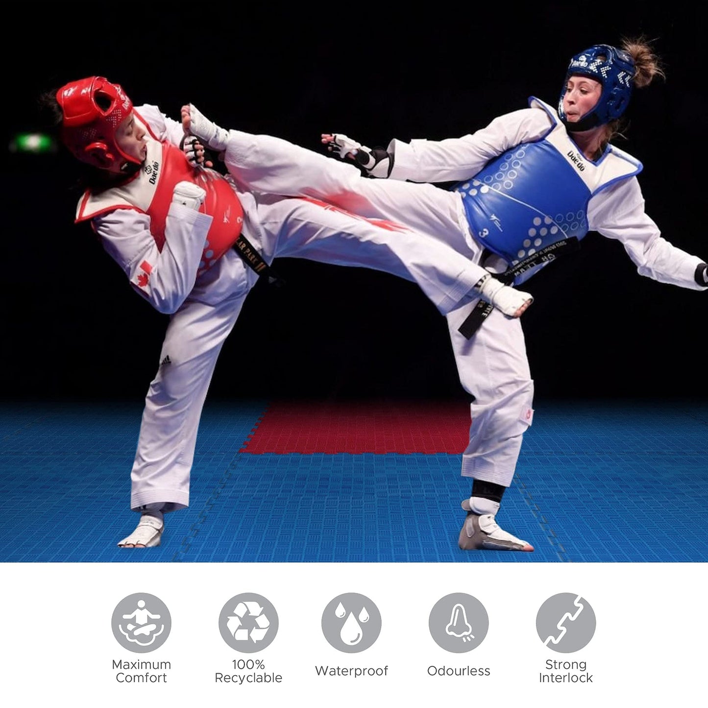 Kobo Imported Taekwondo Mats, Karate Training Gym Mat Interlocking Tile Reversible 25mm Thickness (4 Tiles), Red/Blue