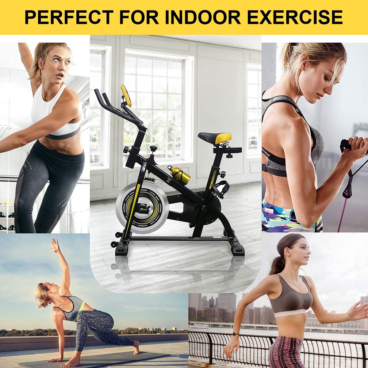 FITTYFY INALSA Spin Bike Exercise Bike FFSB 10 with 10Kg Flywheel| Adjustable Resistance, Heart Rate Sensor| Bottle & Bottle Holder| Yellow|Black