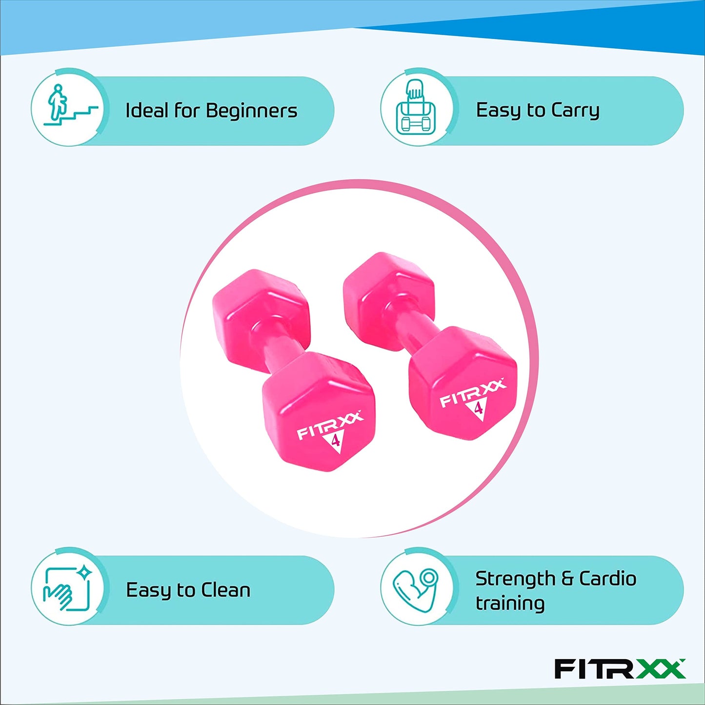 Fitrxx Vinyl Dumbbells 1 kg, 2 kg, 3 kg, 4 kg, 5 kg | Men and Women | Non-Slippery Dumbbell for Home and Gym | Full Body Workout | (Set of 2)