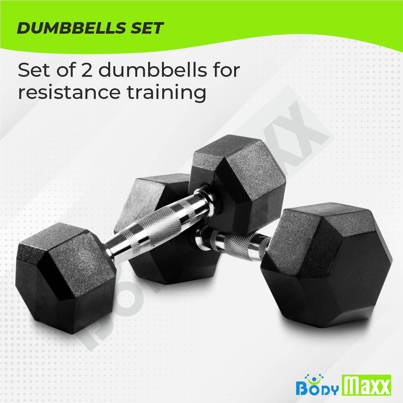 Body Maxx Hex Fixed Dumbbells 15 kg Pair, Rubber Dumbbell Set 15kg, Black Rubber Coated Dumbbells with Steel Grip Home Gym Fitness