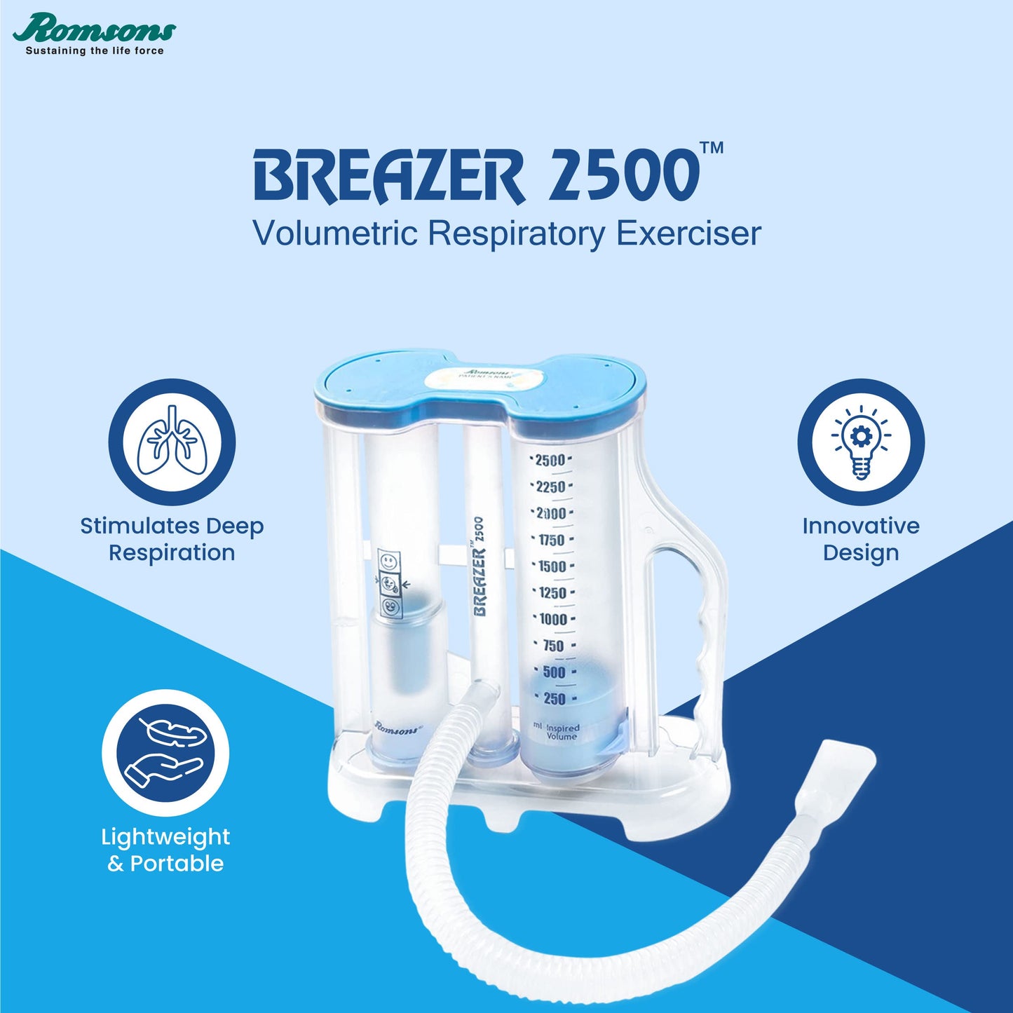 Romsons Breazer 2500 Volumetric Respiratory Exerciser 3 Ball Lung Exerciser, Hygenic, Washable Respiratory Exerciser Respirometer,Pack of 1,Multicolor