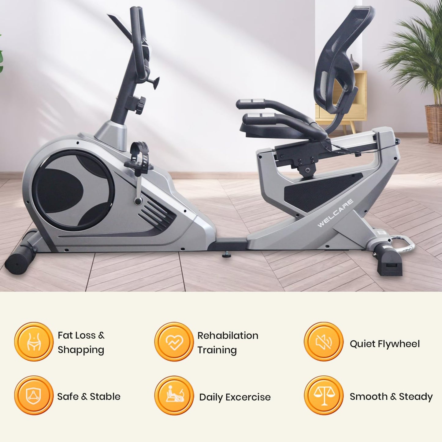 Welcare WC1588 Home Use Recumbent Exercise Bike with 10kg Fly Wheel, Adjustable Seat, 8 Level Magnetic Resistance, 120kgs Max, User Weight and LCD Display,(Free Installation Assistance)