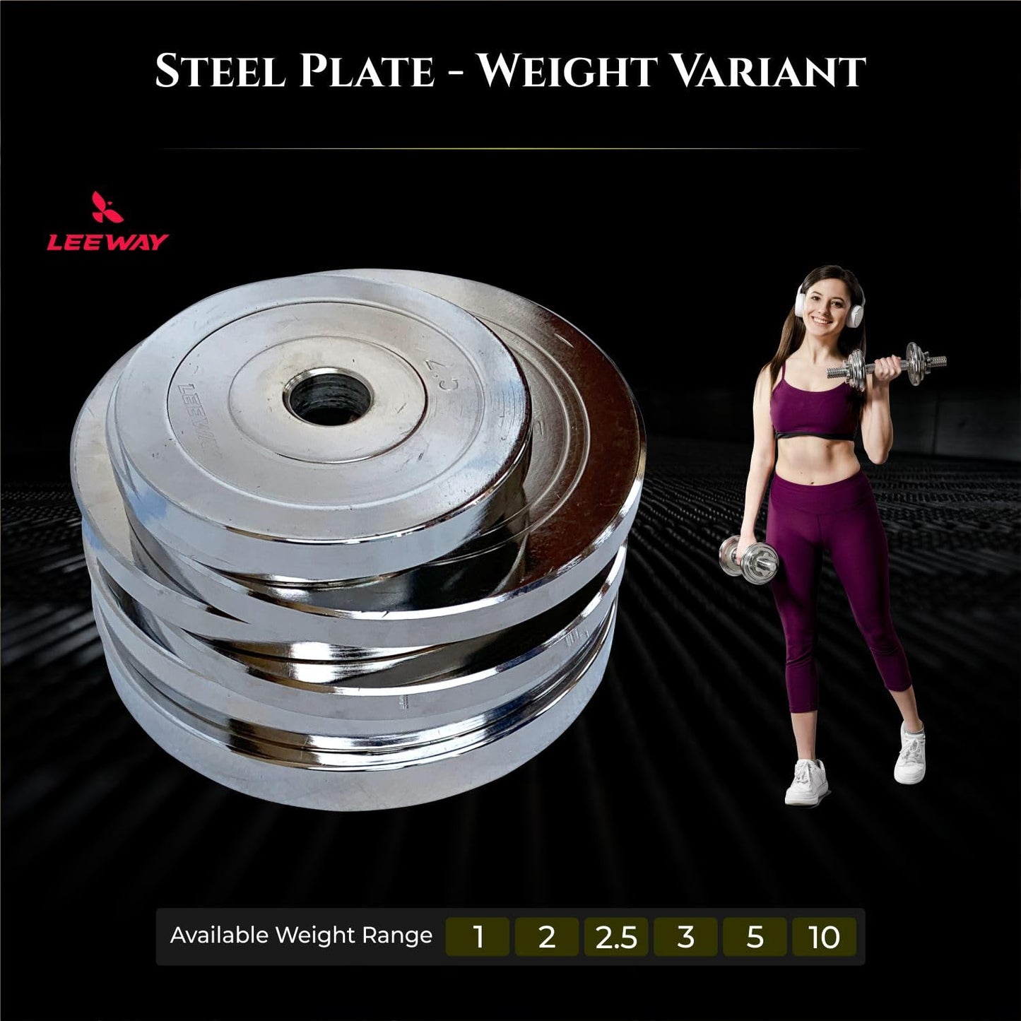 LEEWAY Steel Weight Plate Set Chrome Plated (80kg Combo) 31mm; Gym Weight Plates; Spare Steel Weight Plates; Home Gym Set; Chrome Weight Plate; Iron Plate For Weightlifting Strength Training (2X4+3X4+5x4+10x4)