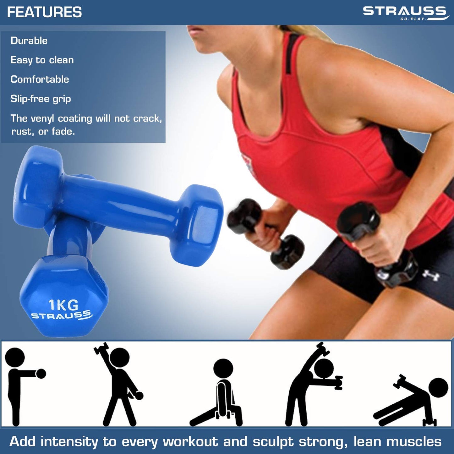 Strauss Vinyl Dumbbell Set for Men & Women |Ideal Home & Gym Workout |Non-Slip Grip, Compact & Portable | Fitness Gym Equipment for Strength Training, Bodybuilding, & Aerobics|1Kg Each, 2Kg Pair, Blue