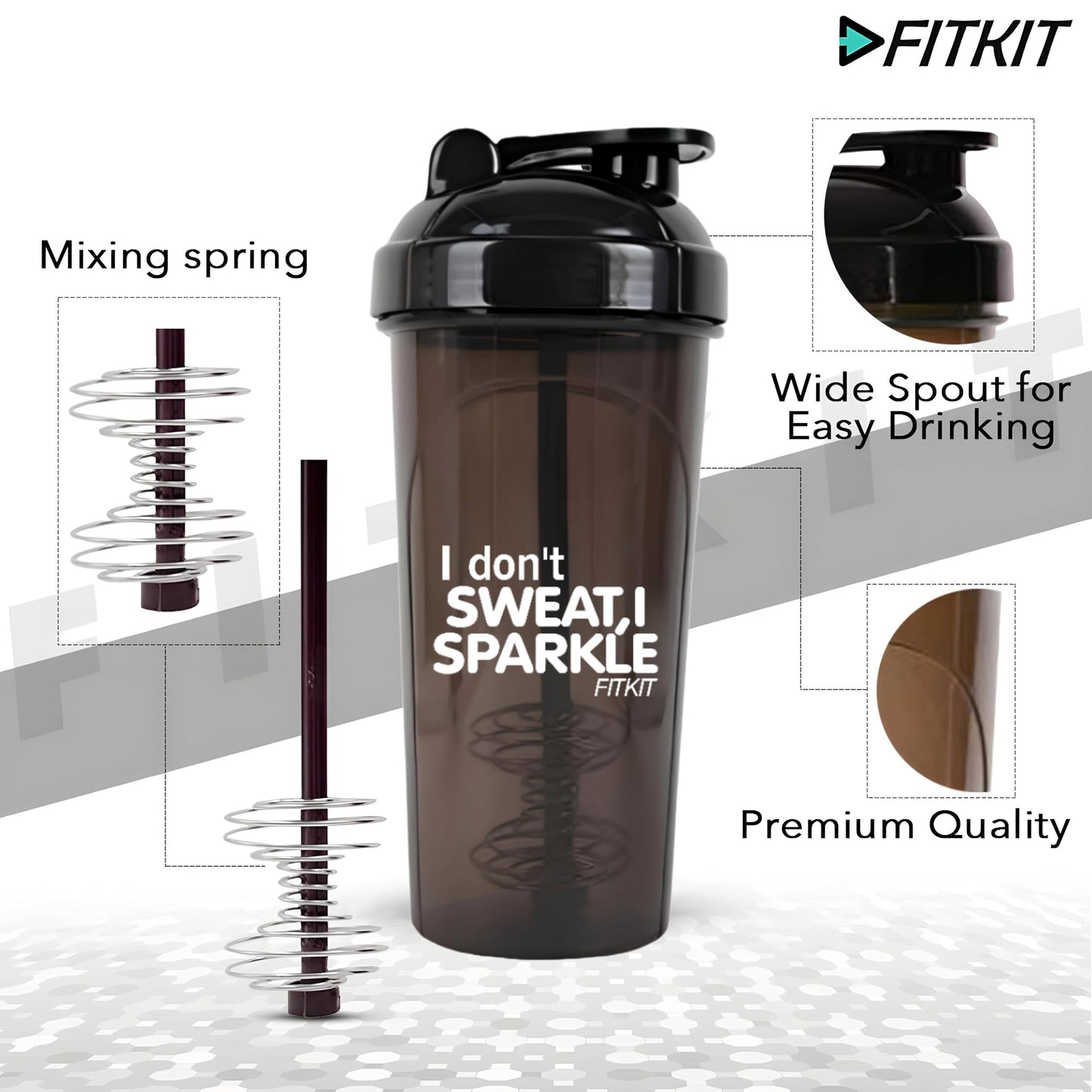 Fitkit Classic Bottle Shaker (700ml, Grey/Black , Plastic) Pack of 1