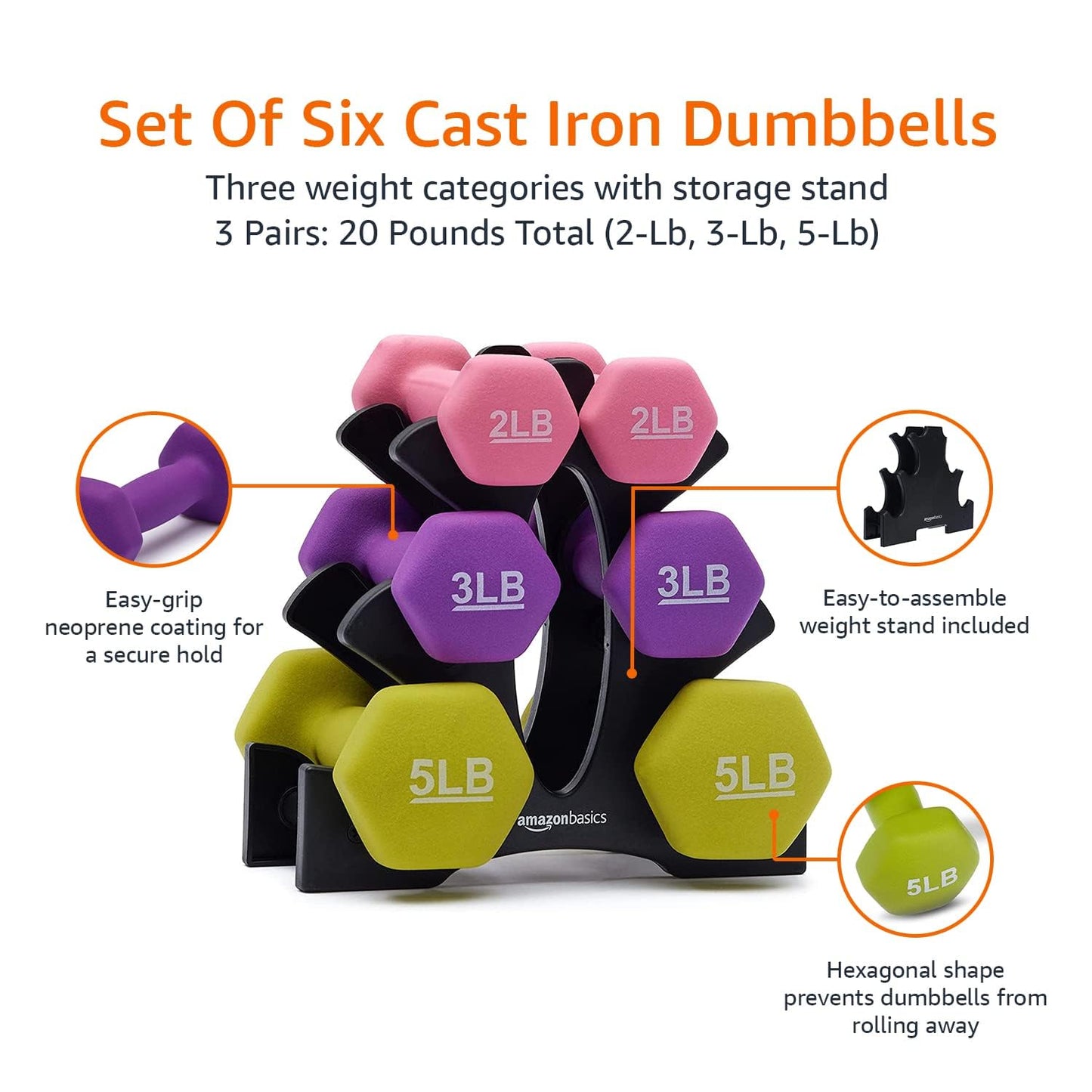 Amazon Basics 20-Pound (9.07 Kg) Fixed Dumbbell Set with Stand, (Stand Material: Plastic)