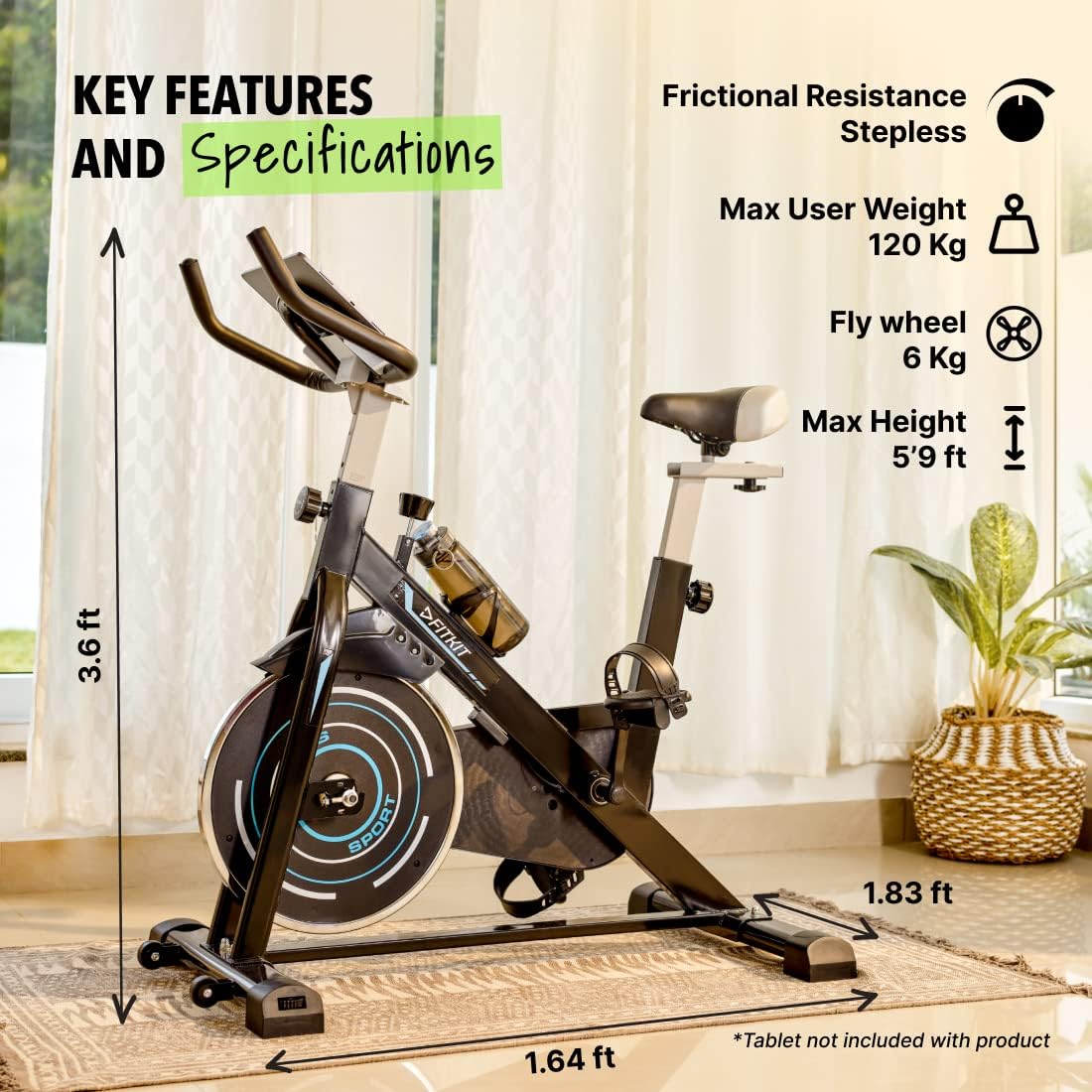 Fitkit by cult.sport FK4000 (Max Weight 120kg, Flywheel 13.22lbs) Spin Bike for Home Gym with 6 months Warranty