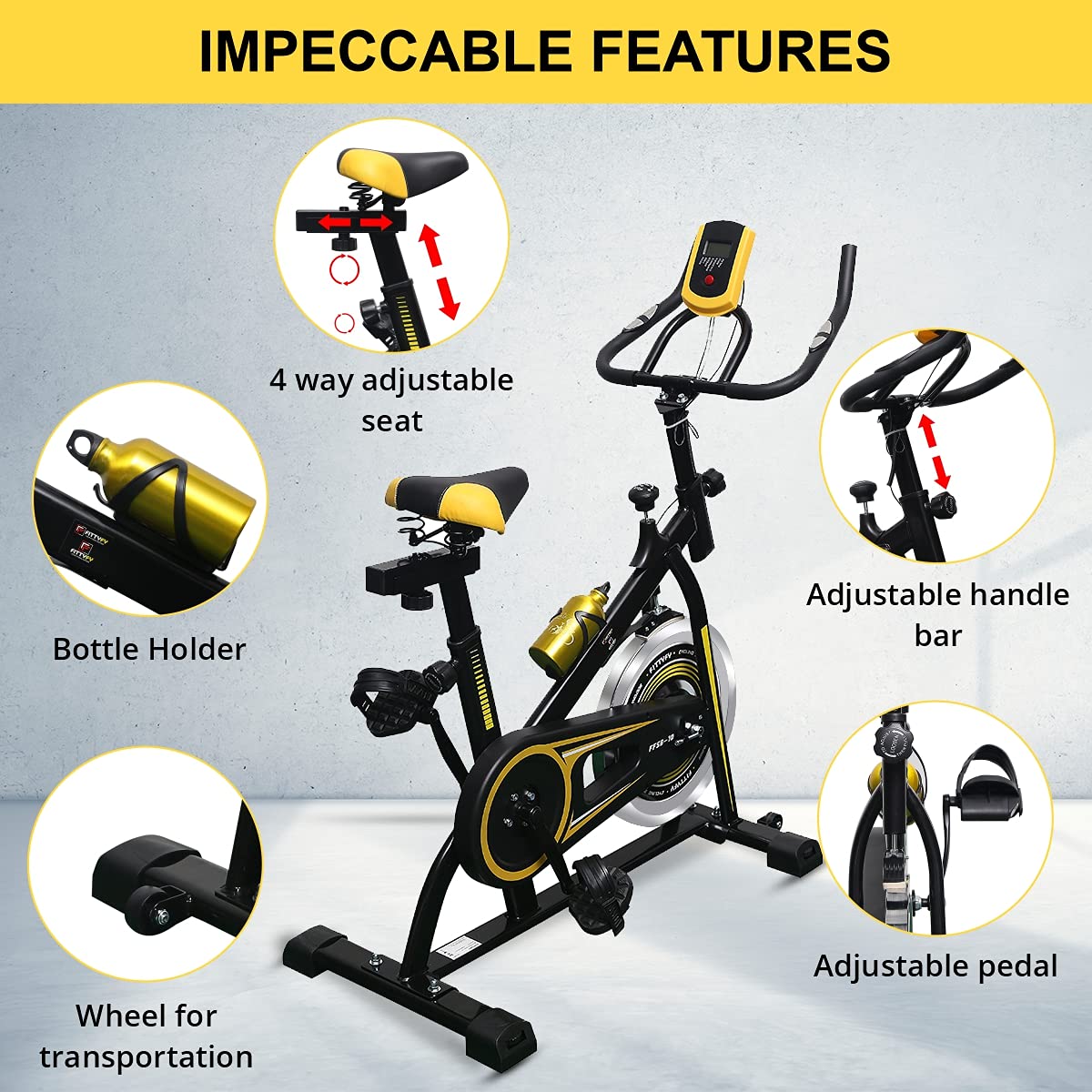 FITTYFY INALSA Spin Bike Exercise Bike FFSB 10 with 10Kg Flywheel| Adjustable Resistance, Heart Rate Sensor| Bottle & Bottle Holder| Yellow|Black