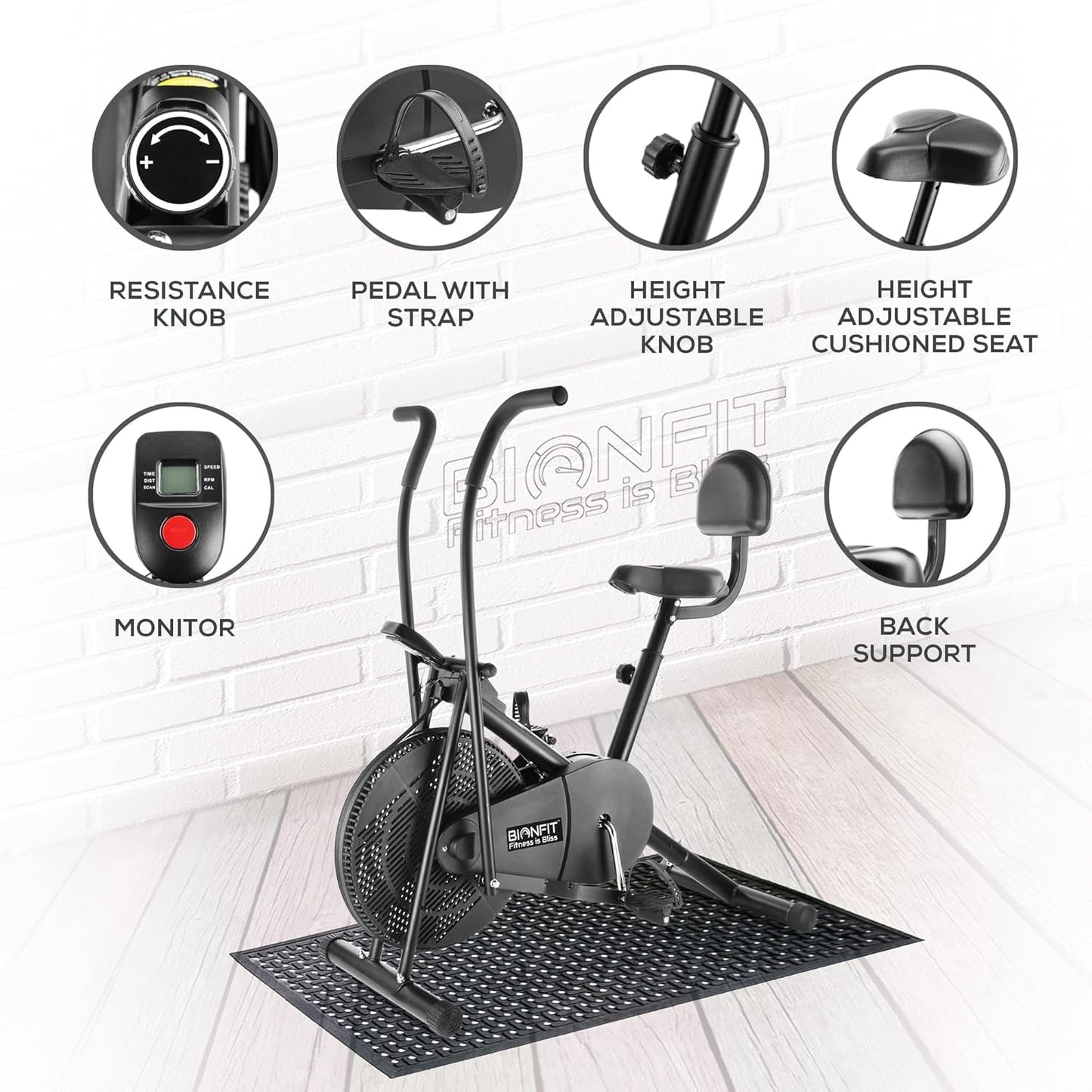 BIONFIT® Moving Handle Exercise Bike for Home Gym |Air Bike with Back Support Seat | 2-Year Warranty | Upright Gym Cycle for Weight Loss & Cardio | Max User Weight: 120 Kg | Installation Support