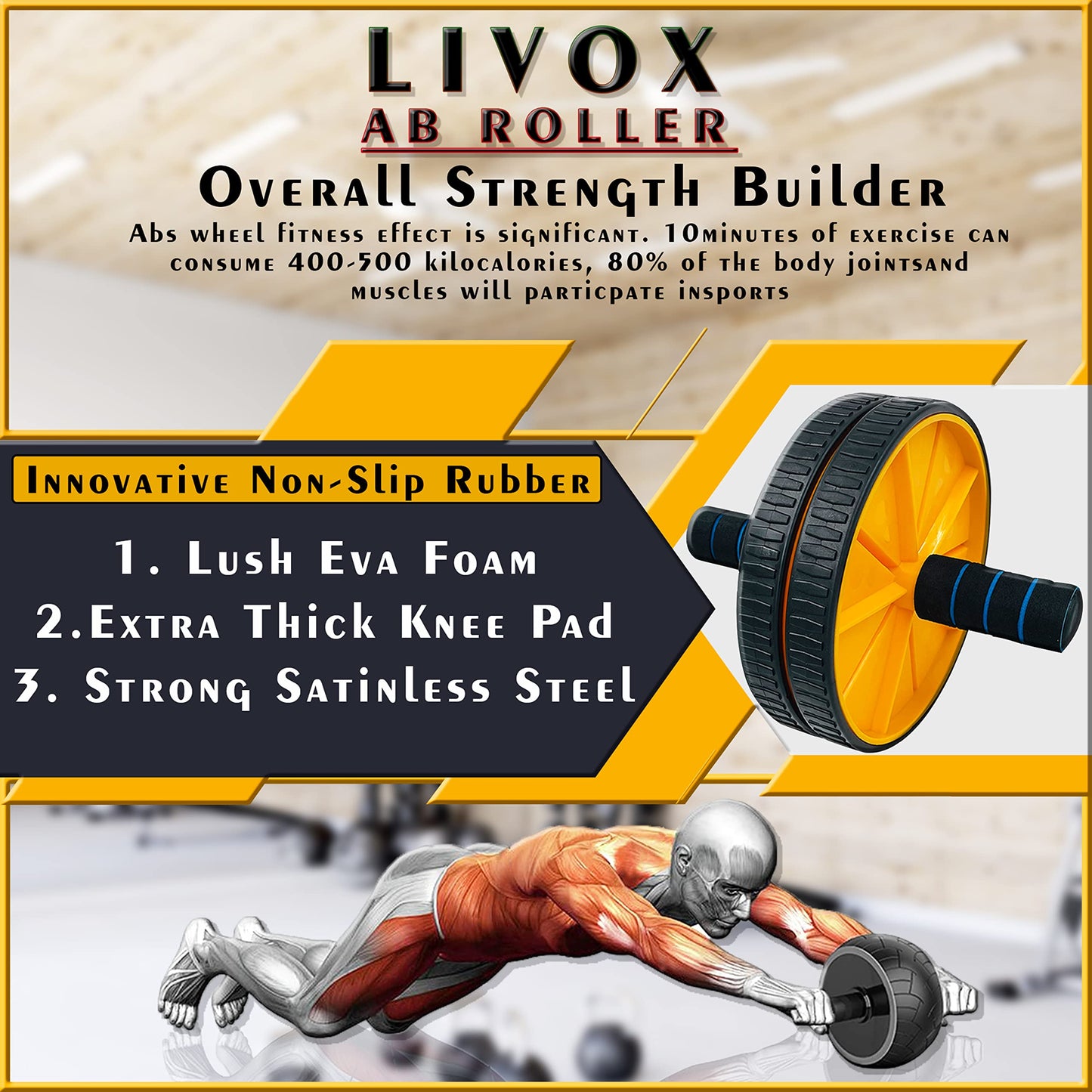 LIVOX Double Abs Wheel Roller Toning Resistance Tube Band with Push-up Bar Gym Exercise Equipment Combo Set for Men and Women Home Workout Kit