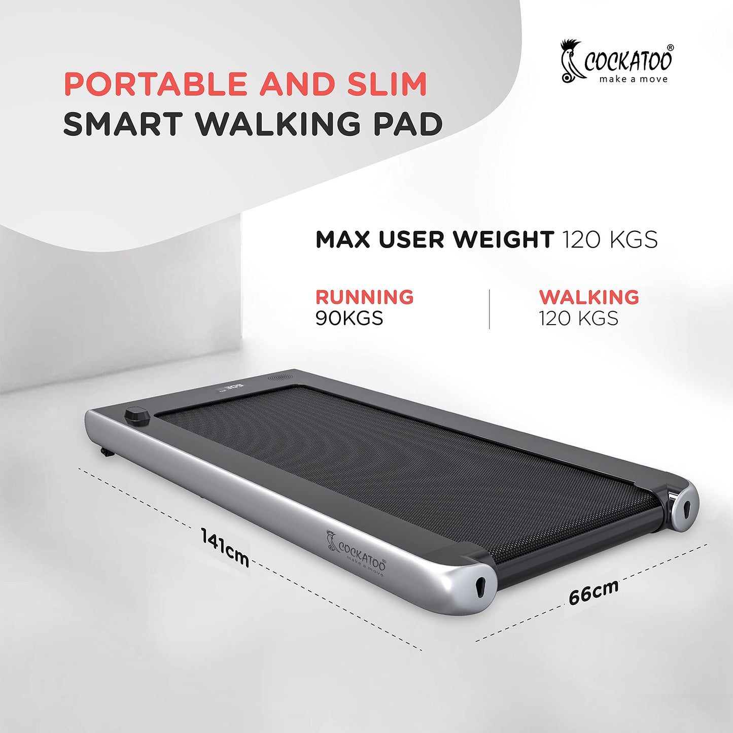 Cockatoo WP100 (4.5 HP Peak) Ultra Slim DC Motorised Treadmill for Home & Walking Pad, Max User Weight 120 Kg, Max Speed, 8 Km/Hr (100% Installed, 2 Year Warranty), Multicolor