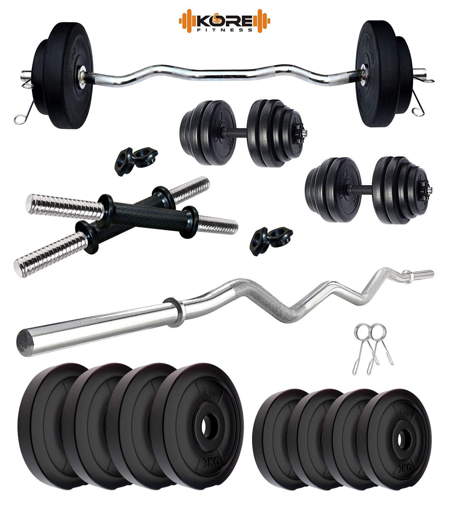 Kore PVC 20 Kg Home Gym Set with One 3 Ft Curl Rod and One Pair Dumbbell Rods, Multicolour