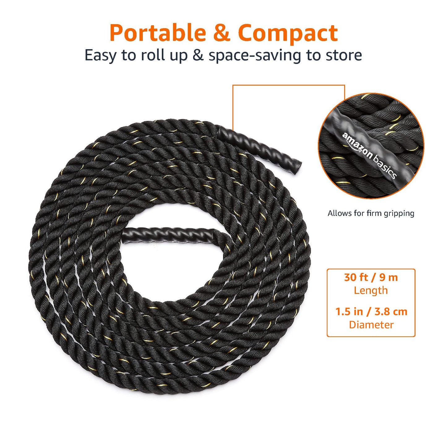 amazon basics, AmazonBasics 1.5in Exercise Rope for Strength Training, 30ft, Polyester, Black