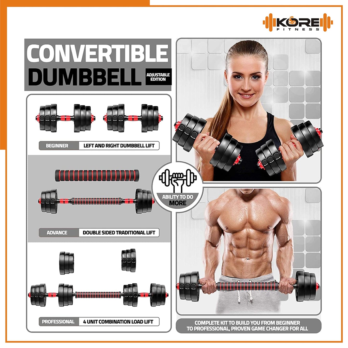 Kore 3 In 1 Convertible 22 Kg Pvc Dumbbells Set, Black