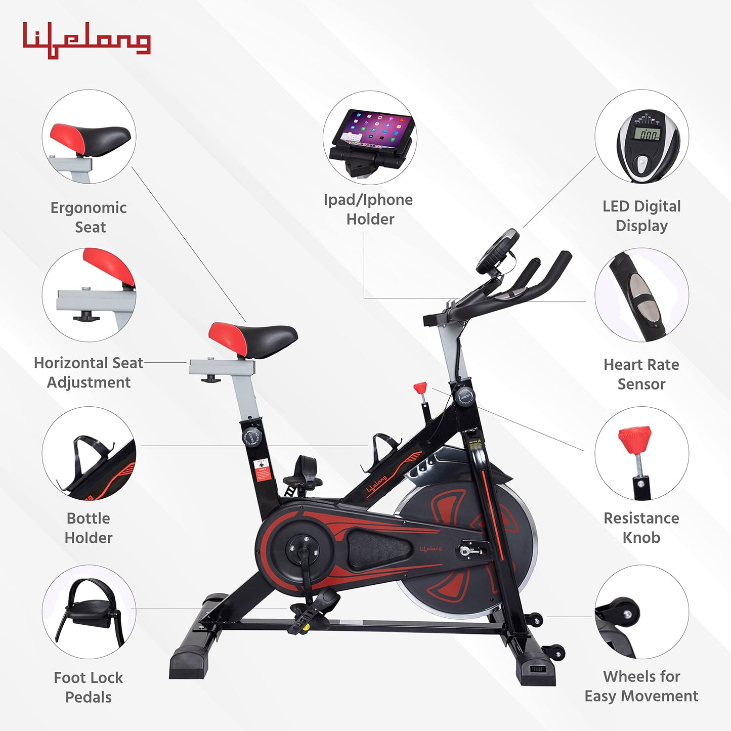 Lifelong LLF89 Fit Pro Spin Fitness Bike with 8Kg Flywheel, Adjustable Resistance, LCD Monitor and Heart Rate Sensor for Fitness at Home; Home Workouts (1 Year Warranty)