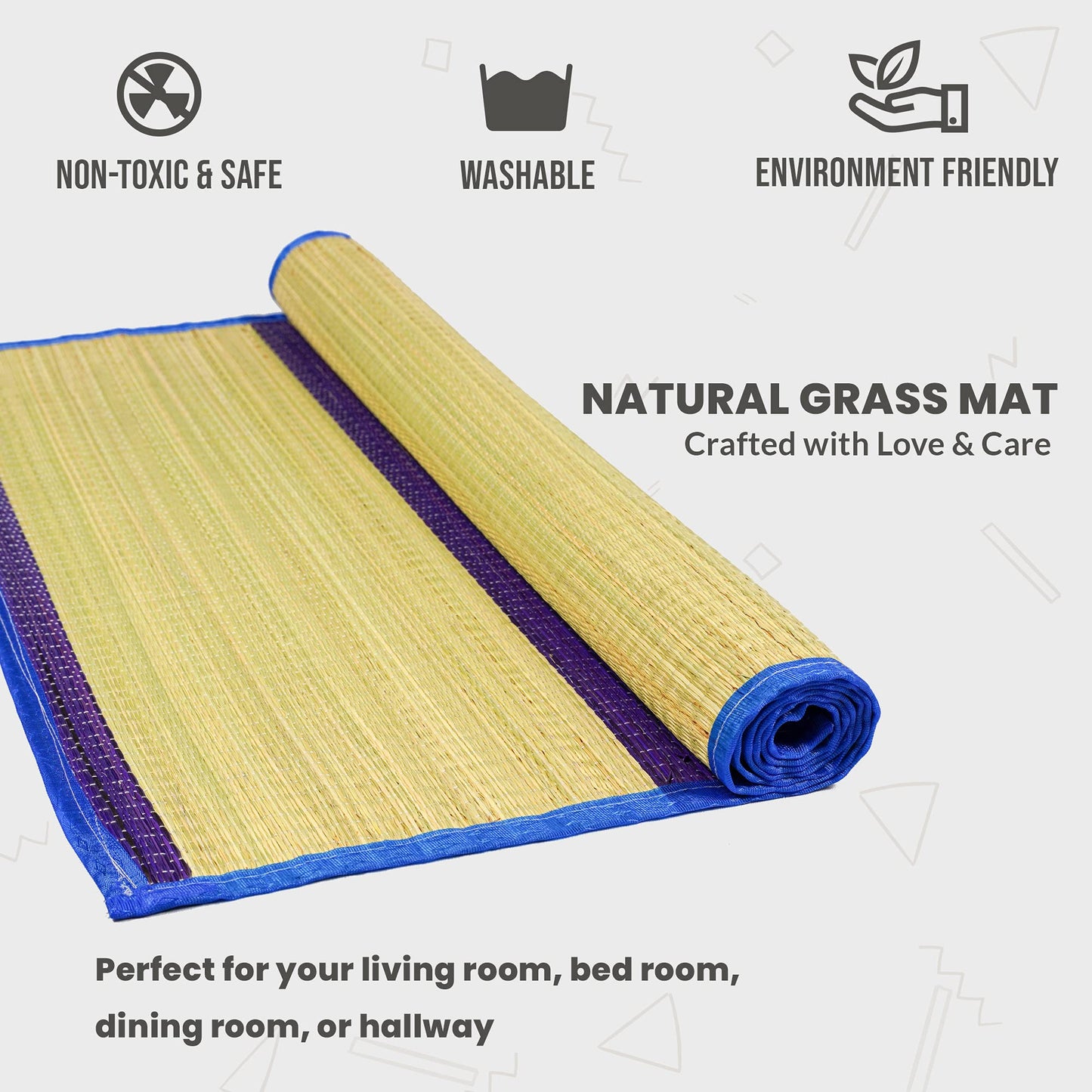 Charqoal Korai Grass Mat 3.5 X 6 Feet (42 X 72 Inch) Large Size Versatile Bed Mats/Yoga Grass Mat/Rectangular Floor Mat/Sleeping Mat/Korai Pai/Sleep Chatai Foldable Both Side Usable At Home (Blue)