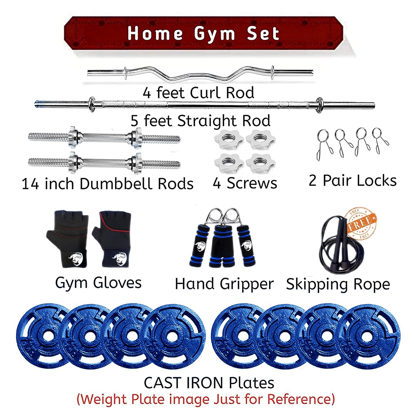 BULLAR Home Gym Set, Home Gym Equipments for Men, Gym Equipment Set for Home Workout, Home Gym Kit with 30kg Iron Weight Plates 30mm, 3 Feet & 5 Feet Weight Lifting Rod, Dumbbell Rods & Accessories