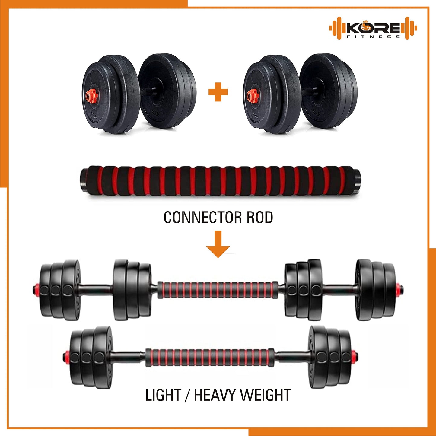 Kore 3 In 1 Convertible 22 Kg Pvc Dumbbells Set, Black