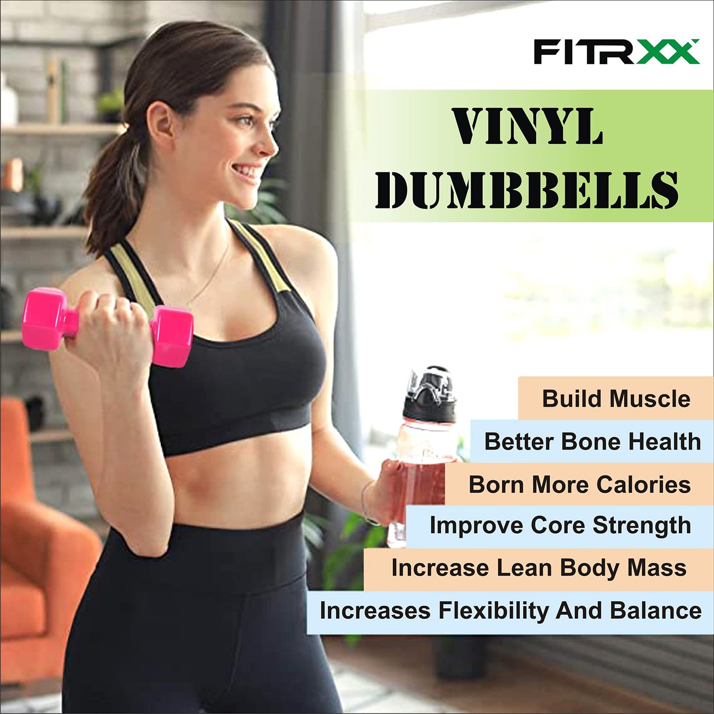 Fitrxx Vinyl Dumbbells 1 kg, 2 kg, 3 kg, 4 kg, 5 kg | Men and Women | Non-Slippery Dumbbell for Home and Gym | Full Body Workout | (Set of 2)