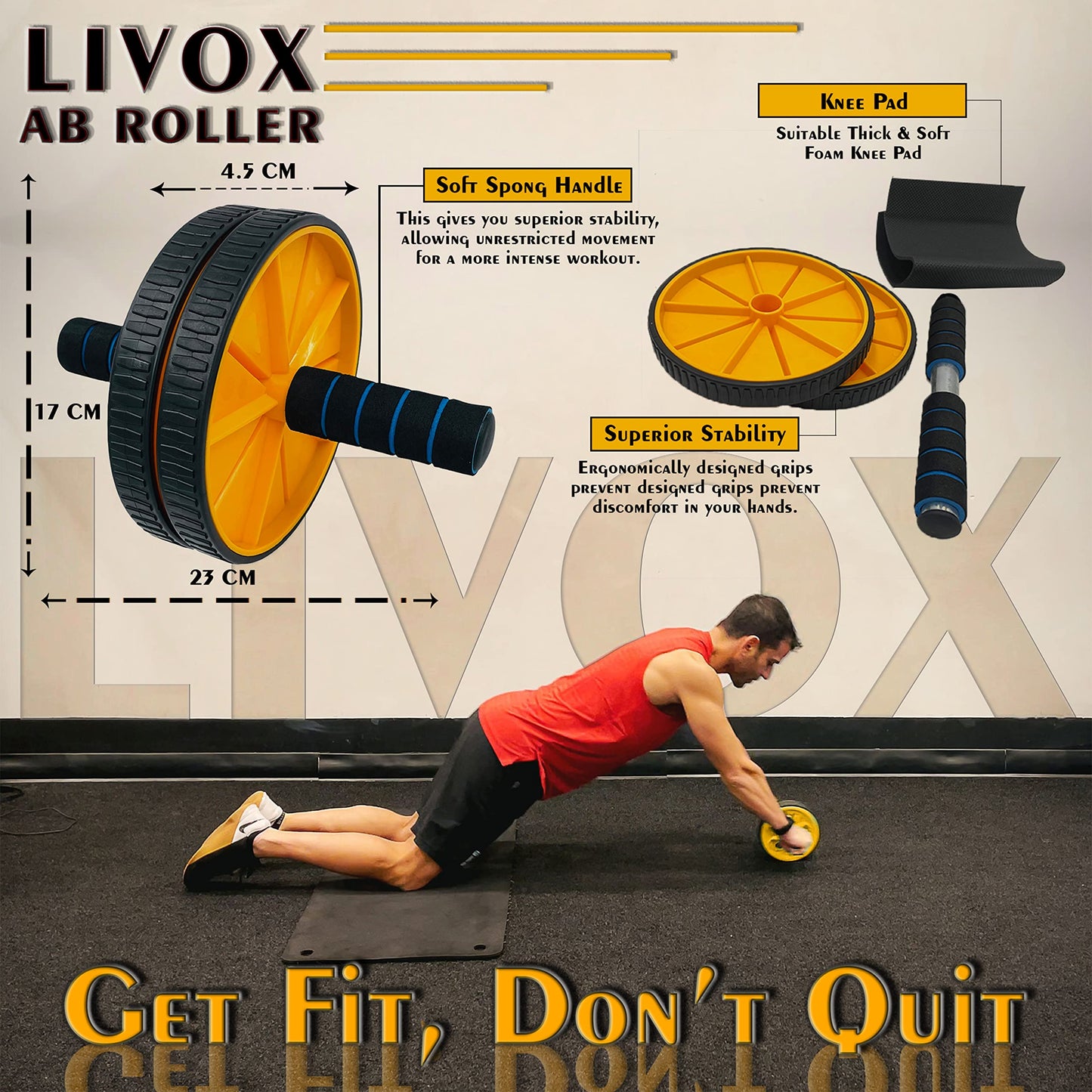 LIVOX Double Abs Wheel Roller Toning Resistance Tube Band with Push-up Bar Gym Exercise Equipment Combo Set for Men and Women Home Workout Kit